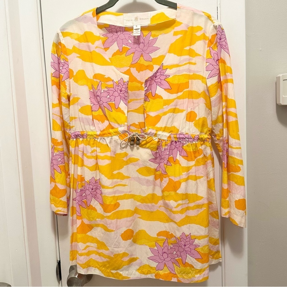 Julie Brown Silk Blend Tunic Split Neck Top Blouse 6 Orange Pink Vacation Cruise